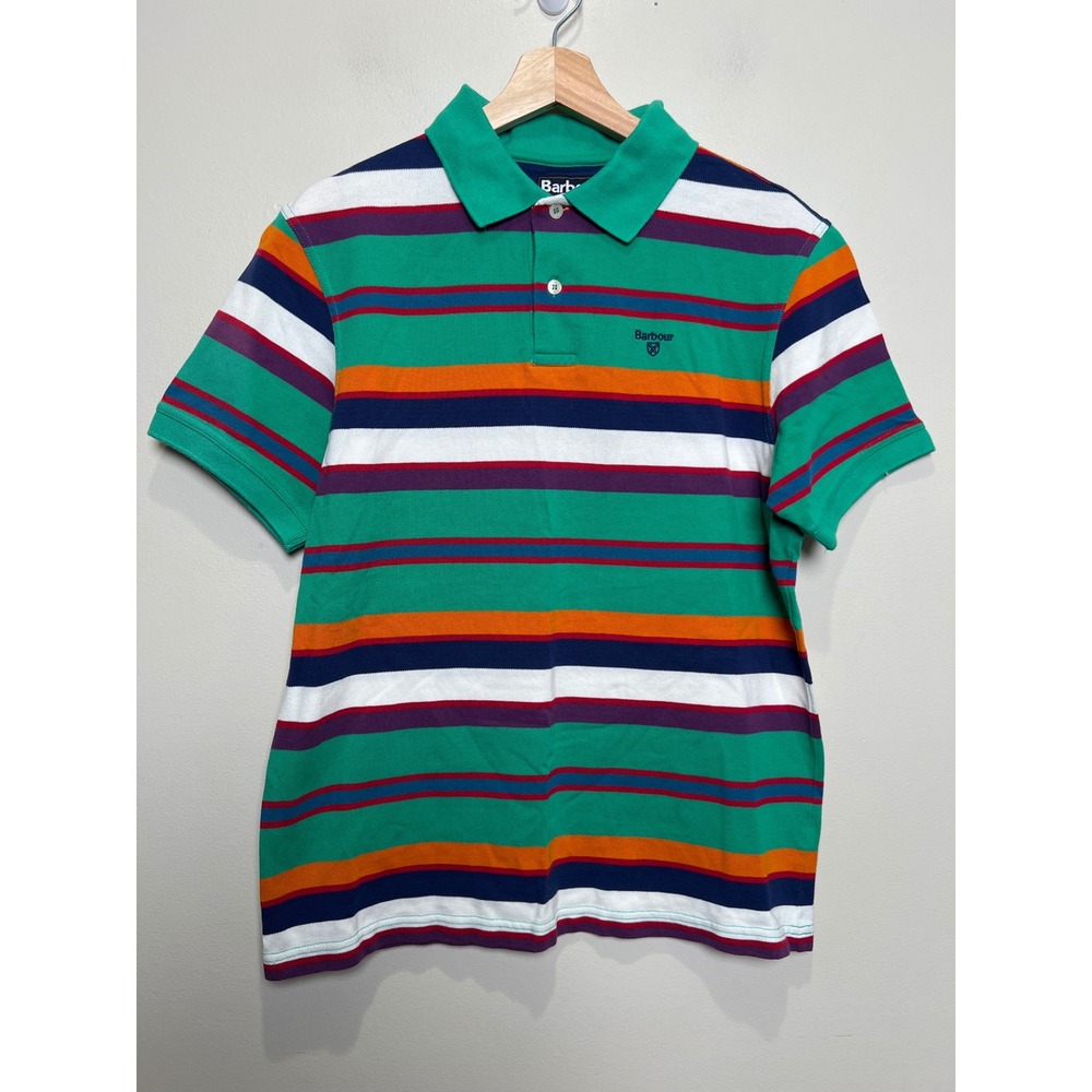 Barbour Polo Shirt Mens Large Green Multi Stripe Short Sleeve Cotton EUC
